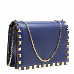 Pre Owned Valentino Blue Leather Rockstud Chain Shoulder Bag