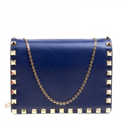 Pre Owned Valentino Blue Leather Rockstud Chain Shoulder Bag