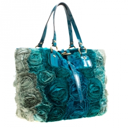 Pre Owned Valentino Blue Silk and Patent Leather Organza Rosier Tote