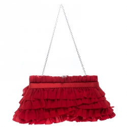 Pre Owned Valentino Red Chiffon and Satin Ruffled Evening Clutch 