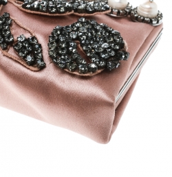 Pre Owned Valentino Beige Satin Crystal and Pearl Embellished Frame Clutch