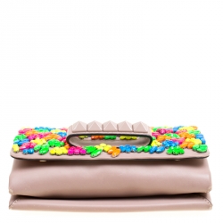 Pre Owned Valentino Beige Leather Jewel Embellished Va Va Voom Shoulder Bag