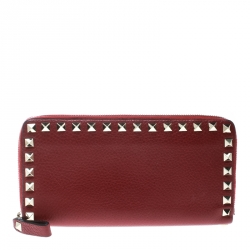 Pre Owned Valentino Red Leather Rockstud Zip Around Wallet
