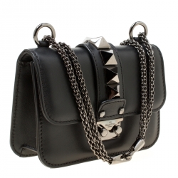 Pre Owned Valentino Black Leather Small Rockstud Glam Lock Shoulder Bag