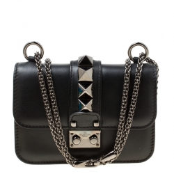 Pre Owned Valentino Black Leather Small Rockstud Glam Lock Shoulder Bag