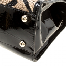 Pre Owned Valentino Black/Beige Python Print Raffia and Patent Leather Aphrodite Bow Bag