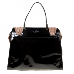 Pre Owned Valentino Black/Beige Python Print Raffia and Patent Leather Aphrodite Bow Bag