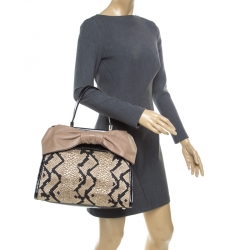 Pre Owned Valentino Black/Beige Python Print Raffia and Patent Leather Aphrodite Bow Bag