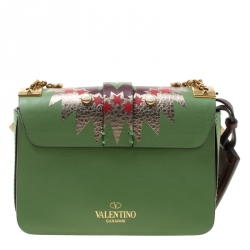 Pre Owned Valentino Green/Multicolor Print Leather Micro B Rockstud Shoulder Bag