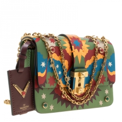 Pre Owned Valentino Green/Multicolor Print Leather Micro B Rockstud Shoulder Bag