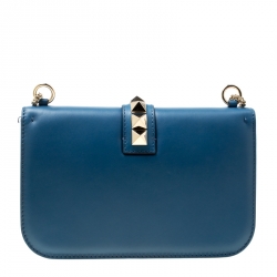 Pre Owned Valentino Blue Leather Rockstud Medium Glam Lock Flap Bag
