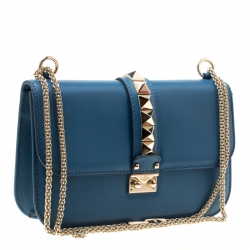 Pre Owned Valentino Blue Leather Rockstud Medium Glam Lock Flap Bag