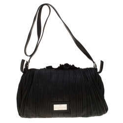 Pre Owned Valentino Black Pleated leather Petale Crossbody Bag