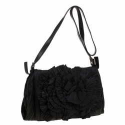 Pre Owned Valentino Black Pleated leather Petale Crossbody Bag