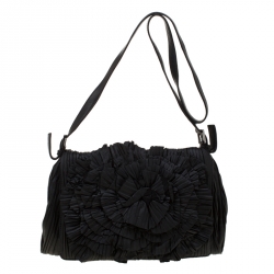 Pre Owned Valentino Black Pleated leather Petale Crossbody Bag