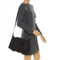 Pre Owned Valentino Black Pleated leather Petale Crossbody Bag