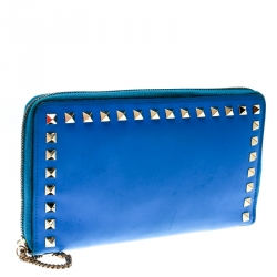 Pre Owned Valentino Blue Leather Rockstud Zip Around Wallet