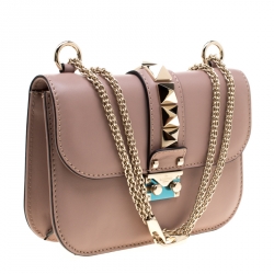 Pre Owned Valentıno Nude Leather Small Rockstud Glam Lock Shoulder Bag
