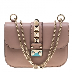 Pre Owned Valentıno Nude Leather Small Rockstud Glam Lock Shoulder Bag