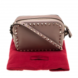 Pre Owned Valentino Dark Beige Leather Rockstud Camera Crossbody Bag