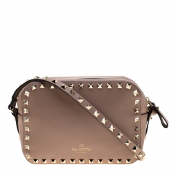 Pre Owned Valentino Dark Beige Leather Rockstud Camera Crossbody Bag