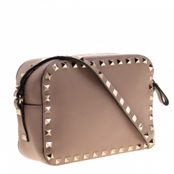 Pre Owned Valentino Dark Beige Leather Rockstud Camera Crossbody Bag