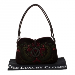Pre Owned Valentino Brown Flowers Embroidered Suede and Leather Vring Shoulder Bag