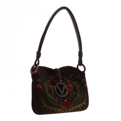 Pre Owned Valentino Brown Flowers Embroidered Suede and Leather Vring Shoulder Bag