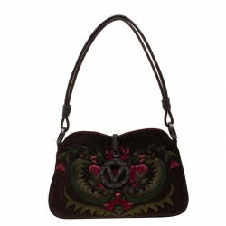 Pre Owned Valentino Brown Flowers Embroidered Suede and Leather Vring Shoulder Bag