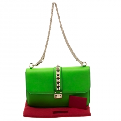 Pre Owned Valentino Neon Green Leather Medium Rockstud Glam Lock Flap Shoulder Bag