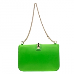 Pre Owned Valentino Neon Green Leather Medium Rockstud Glam Lock Flap Shoulder Bag