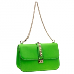Pre Owned Valentino Neon Green Leather Medium Rockstud Glam Lock Flap Shoulder Bag