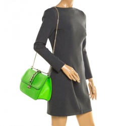 Pre Owned Valentino Neon Green Leather Medium Rockstud Glam Lock Flap Shoulder Bag