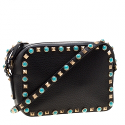 Pre Owned Valentino Black Leather Small Rolling Rockstud Crossbody Bag