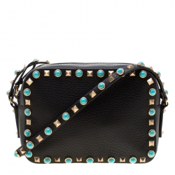 Pre Owned Valentino Black Leather Small Rolling Rockstud Crossbody Bag