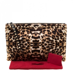 Pre Owned Valentino Brown/Black Leopard Print Calfhair Rockstud Clutch