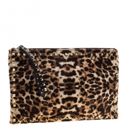 Pre Owned Valentino Brown/Black Leopard Print Calfhair Rockstud Clutch