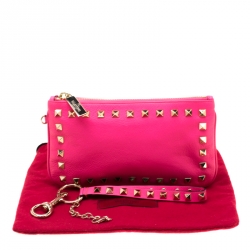 Pre Owned Valentino Neon Pink Leather Rockstud Wristlet Pouch