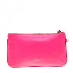 Pre Owned Valentino Neon Pink Leather Rockstud Wristlet Pouch