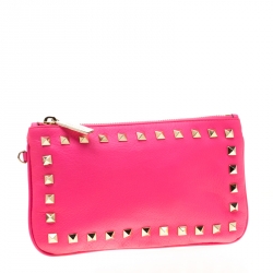 Pre Owned Valentino Neon Pink Leather Rockstud Wristlet Pouch