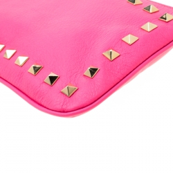 Pre Owned Valentino Neon Pink Leather Rockstud Wristlet Pouch