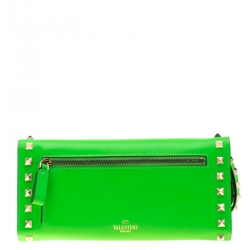 Pre Owned Valentino Neon Green Leather Rockstud Trifold Wallet