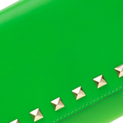 Pre Owned Valentino Neon Green Leather Rockstud Trifold Wallet