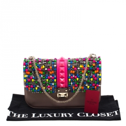 Pre Owned Valentino Multicolor Rockstud Crystal Embellished Leather Medium Glam Lock Flap Bag