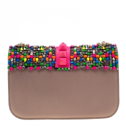 Pre Owned Valentino Multicolor Rockstud Crystal Embellished Leather Medium Glam Lock Flap Bag