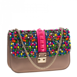 Pre Owned Valentino Multicolor Rockstud Crystal Embellished Leather Medium Glam Lock Flap Bag