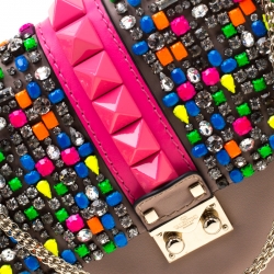 Pre Owned Valentino Multicolor Rockstud Crystal Embellished Leather Medium Glam Lock Flap Bag