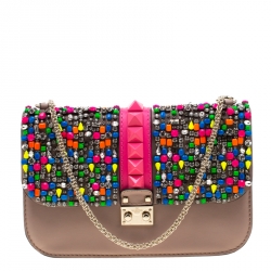 Pre Owned Valentino Multicolor Rockstud Crystal Embellished Leather Medium Glam Lock Flap Bag
