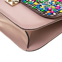 Pre Owned Valentino Multicolor Rockstud Crystal Embellished Leather Medium Glam Lock Flap Bag