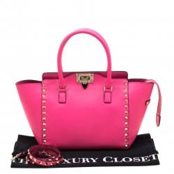 Pre Owned Valentino  Neon Pink Leather Small Rockstud Tote Bag
